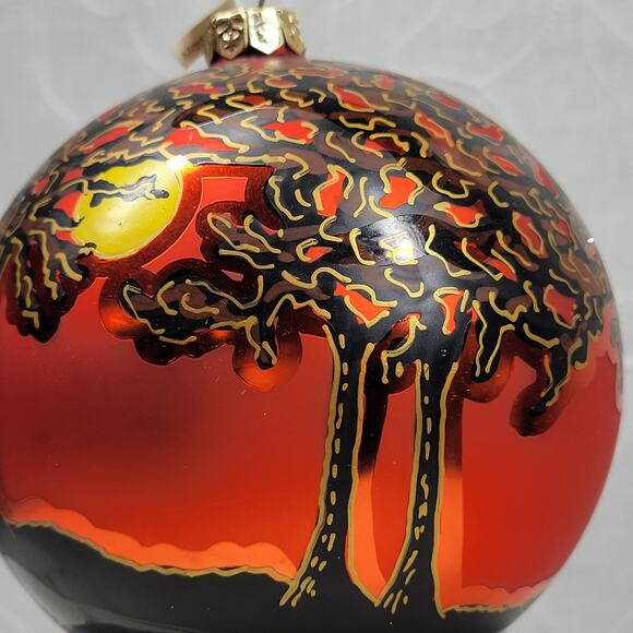 Vtg Poland Halloween Tree Ornament Orange Black Hand Painted Moon Trees Signed - Picture 6 of 16